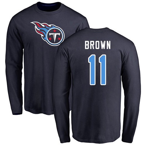 Tennessee Titans Men Navy Blue A.J. Brown Name and Number Logo NFL Football #11 Long Sleeve T Shirt->nfl t-shirts->Sports Accessory